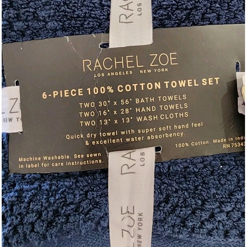 Rachel Zoe 6pc Navy Blue Cotton Towel Set 2 Bath‎ 2 Hand 2 Washcloths Quick Dry